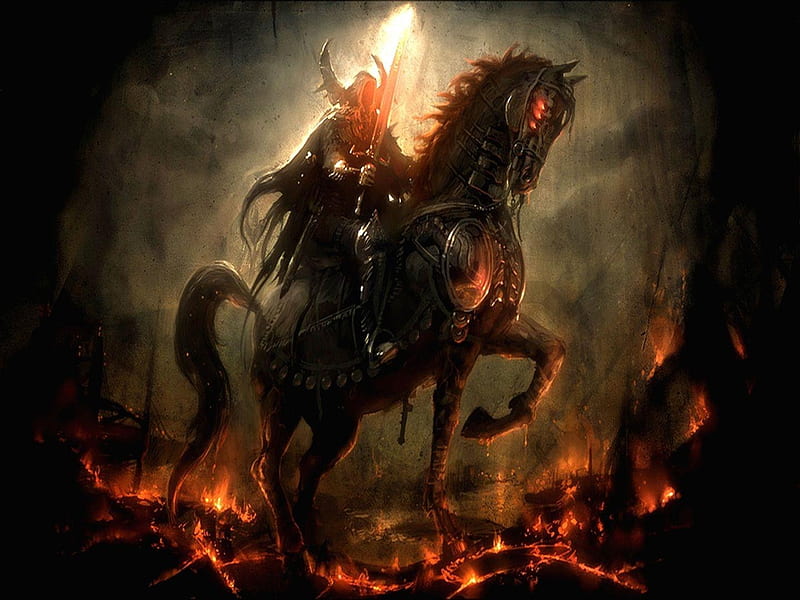 I've come ..Prepared for you...Hell, Hell, art, fire, warrior, flames, beauty, horse, light, HD wallpaper