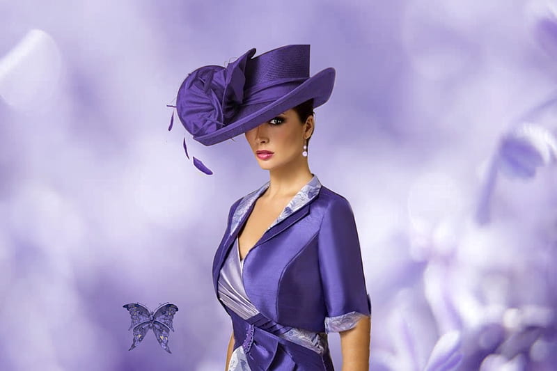 La Femme Headdress Purple Glam, pretty, lovely, bonito, women are special, lips nails eyes hair art, glamorous, hat, women are a mystery, butterfly, purple, glam women, lafemme portrait, female trendsetters, lafemme headdress, HD wallpaper