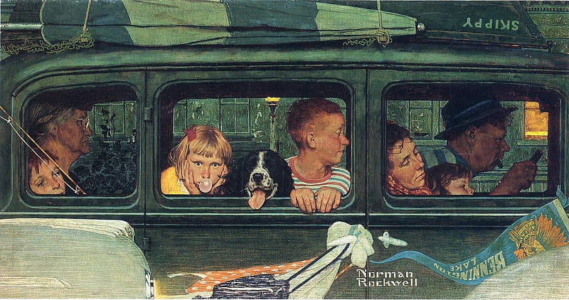 Holiday, art, window, children, tongue, bus, school, norman rockwell, painting, pictura, dog, HD wallpaper