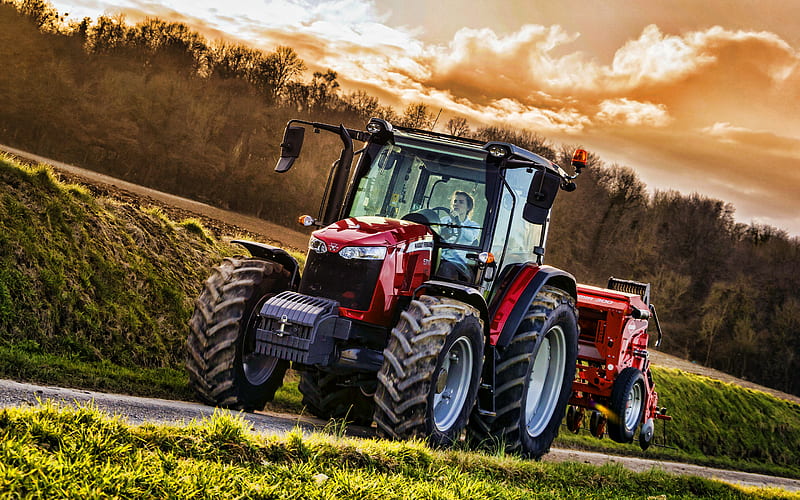 Massey Ferguson 5711 Cab, sunset, R, 2021 tractors, road, agricultural machinery, harvest, red tractor, agriculture, Massey Ferguson, HD wallpaper