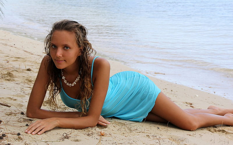 Katya Clover on the Beach, Model, beach, Blue, Blonde, HD wallpaper