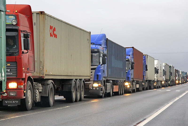 truck congestion, convoy, truck, road, congestion, HD wallpaper