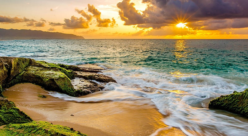 Aloha, sand, horizon, Hawaii, waves, clouds, sky, rocks, sunset, beach, nature, HD wallpaper