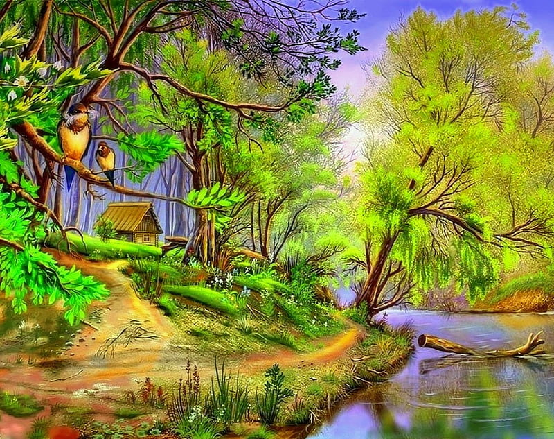 ✫Green Countryside✫, stunning, cottages, panoramic view, attractions in dreams, bonito, countryside, paintings, green, landscapes, bright, scenery, rivers, rural, colors, love four seasons, birds, creative pre-made, trees, urban, summer, nature, HD wallpaper