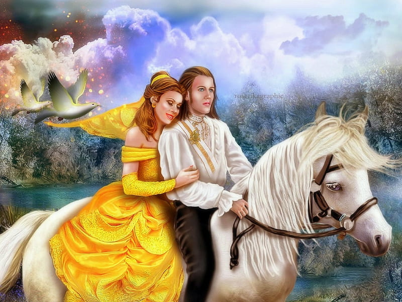 ~Couple Riding~, pretty, digital art, woman, lovers, fantasy, beautiful girls, manipulation, love, girls, couple, models, lovely, romantic, colors, love four seasons, creative pre-made, riding, horses, men, weird things people wear, backgrounds, beloved valentines, HD wallpaper