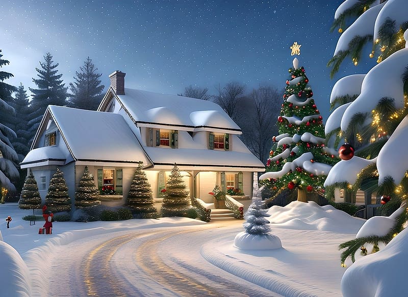Winter Night, csillagos egbolt, haz, diszek, karacsonyi hangulat, havas ut, ablakok, ejszaka, havas fenyofak, havas teto, ho, teli ejszaka, utca, HD wallpaper