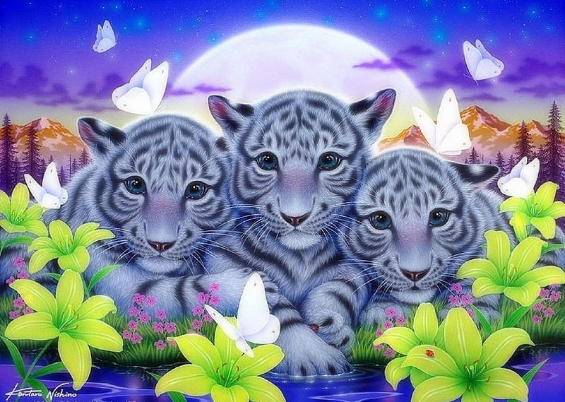 Spring of Brothers, moons, family, white tigers, tigers, love four seasons, butterflies, spring, brothers, paintings, flowers, butterfly designs, animals, HD wallpaper