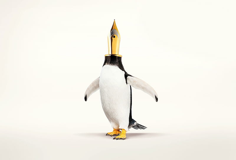 Pen-guin, golden, penguin, black, yellow, creative, situation, fantasy, funny, white, HD wallpaper
