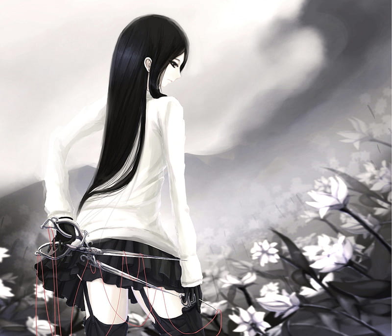 Cutting Flowers, pretty, cut, lovely, black, bonito, siccors, sky, clouds, girl, anime, gris, flowers, beauty, white, long hair, HD wallpaper