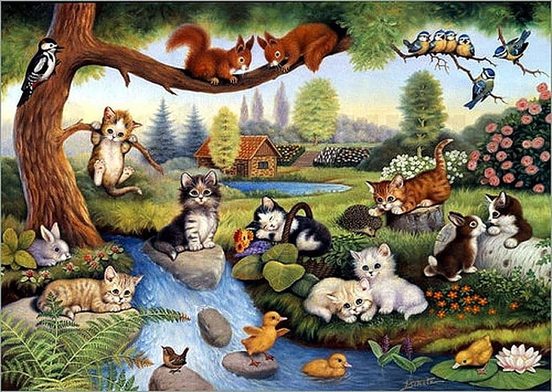 cats-art-painting-jurgen-bunny-squuirrel-cat-bird-kitten-animal--, Familie, Meer, Cats, Deutschland, HD wallpaper
