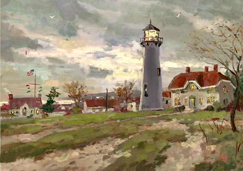 Chatham Light 2, art, Thomas Kinkade, artwork, lighthouse, Kinkade, painting, wide screen, scenery, landscape, coast, HD wallpaper