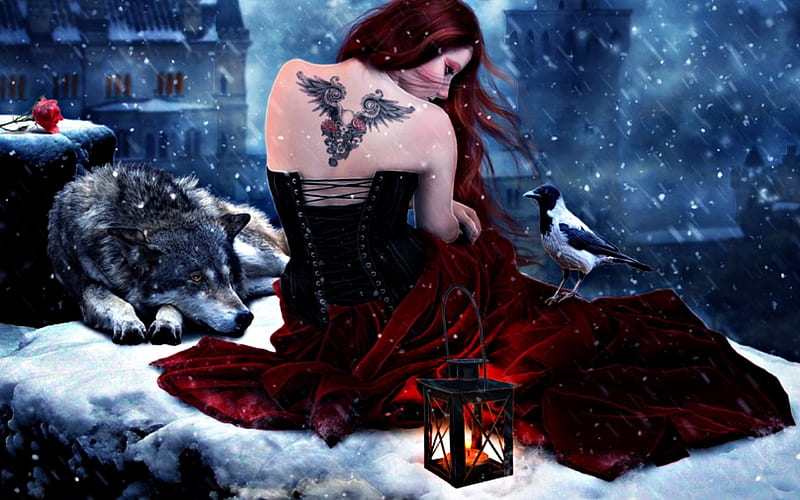 Without you, red, art, lantern, tattoo, woman, animal, winter, fantasy, girl, snow, esther puche, wolf, blue, HD wallpaper