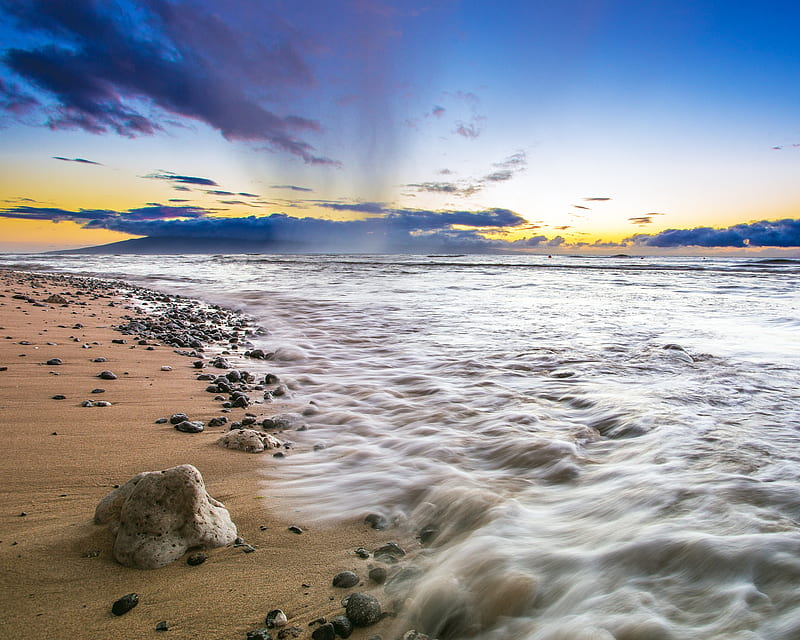 Hawaii Coast, beach pebbles, rock, sand, sunrise, wave, HD wallpaper