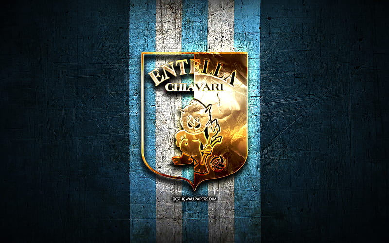 Virtus Entella FC, golden logo, Serie B, blue metal background, football, Entella, italian football club, Virtus Entella logo, soccer, Italy, HD wallpaper