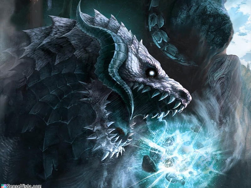Dragon of the blue fire, fire, dragon, blue, horn, HD wallpaper