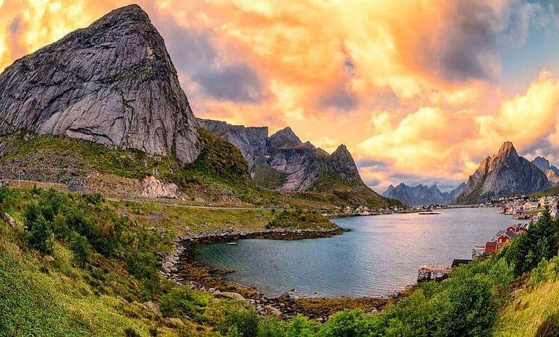 Fjord Sunset, Lofoten Island, grass, town, bonito, sunset, sky, clouds, shrubs, beach, mountains, summer, fjord, island, road, Norway, HD wallpaper