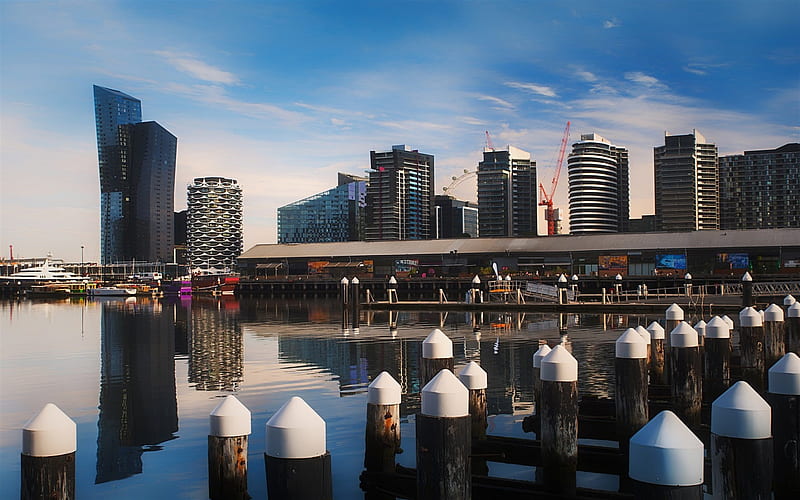 Victoria Harbour, Melbourne, cityscape, bay, modern buildings, evening, sunset, Australia, HD wallpaper