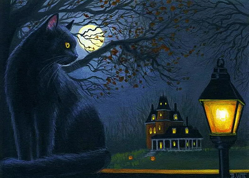 Halloween Moon, tree, house, lantern, painting, black, cat, artwork, HD wallpaper