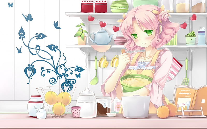 Baking, pretty, green eyes, adorable, magic, wing, women, sweet, floral, butterfly, love, anime, flowers, beauty, anime girl, wings, lovely, food, amour, kitchen, short hair, cute, heart, maiden, divine, cooking, adore, bonito, sublime, woman, blossom, hot, gorgeous, female, exquisite, bakery, kawaii, girl, flower, precious, magical, cook, pink hair, lady, utensil, angelic, HD wallpaper