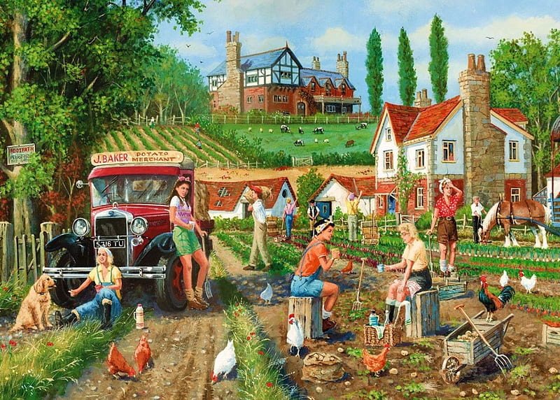 Potato Harvest, countryside, house, car, trees, field, women, HD wallpaper