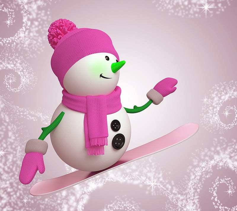 Snowman, christmas, happy holidays, pink, snow, HD wallpaper