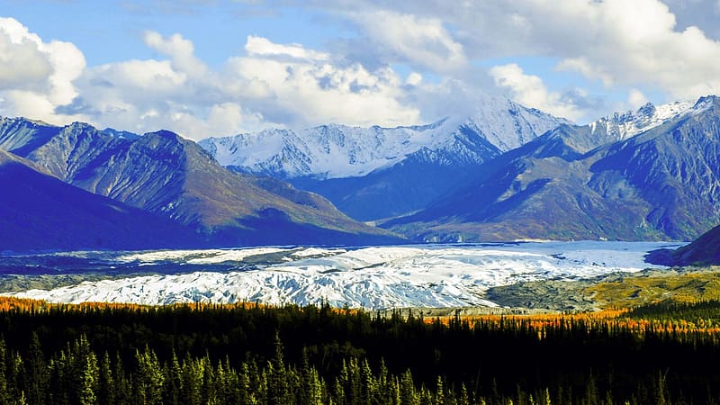 Matanuska Glacier, Alaska, rocks, usa, ice, clouds, landscape, sky, HD wallpaper