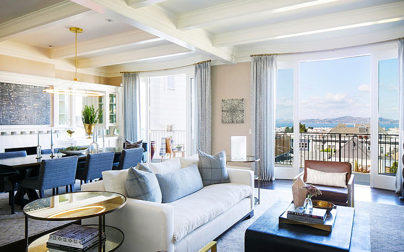 stylish living room interior, luxury villa, seascape, kitchen, dining room, modern interior, HD wallpaper