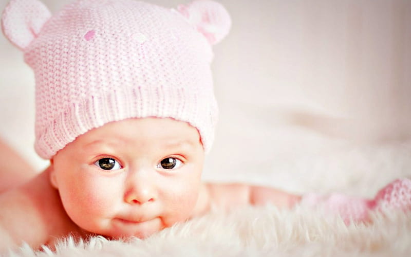 Baby, cute, child, white, pink, fur, hat, HD wallpaper