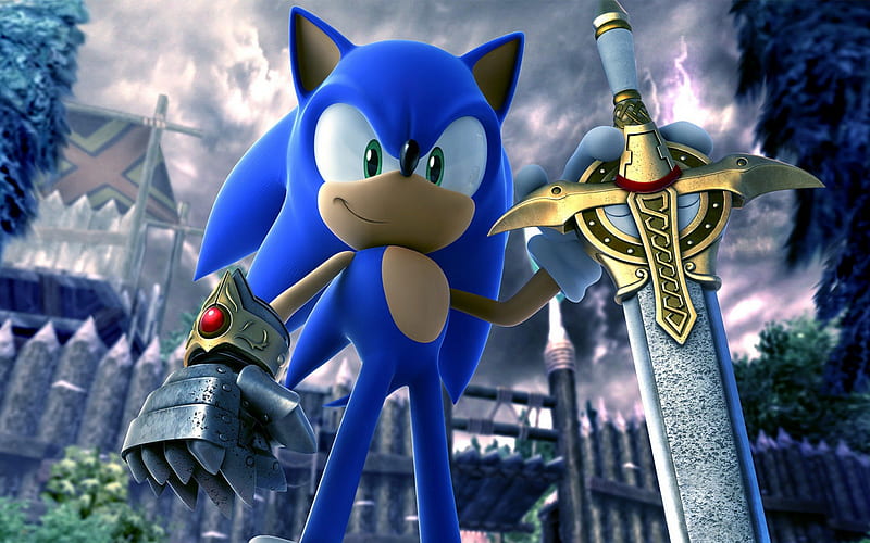 Sonic & The Black Knight, cloudy, video games, gauntlet, sky, flag, lightning, sonic, castle, sword, blue, HD wallpaper
