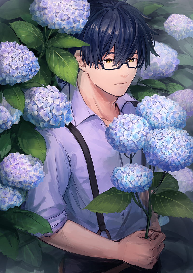 Anime boy, glasses, purple flowers, Anime, HD phone wallpaper | Peakpx