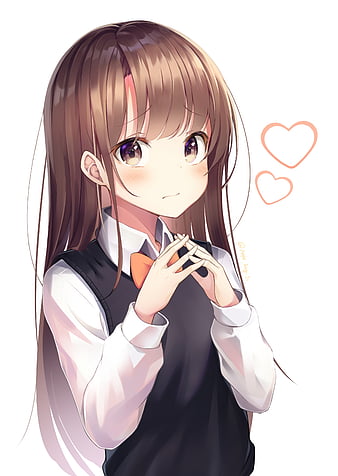 anime girl, moe, brown hair, cute, school uniform, long hair, corazones, Anime, HD phone wallpaper