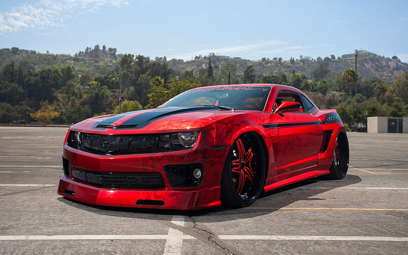 Chevrolet Camaro, red sports coupe, aerodynamic body kit, tuning, red Camaro, black wheels, American sports cars, Muscle Car, Chevrolet, HD wallpaper