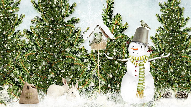 Winter in the Woods, Christmas, bird house, forest, snowmen, holidays, woods, sowman, winter, bird, snow, rabbits, bunnies, bird seed, Xmas, HD wallpaper