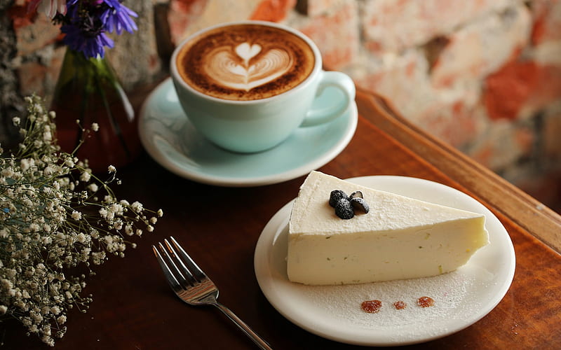 Cheesecake, dessert, coffee latte, sour cream cake, latte art, HD wallpaper