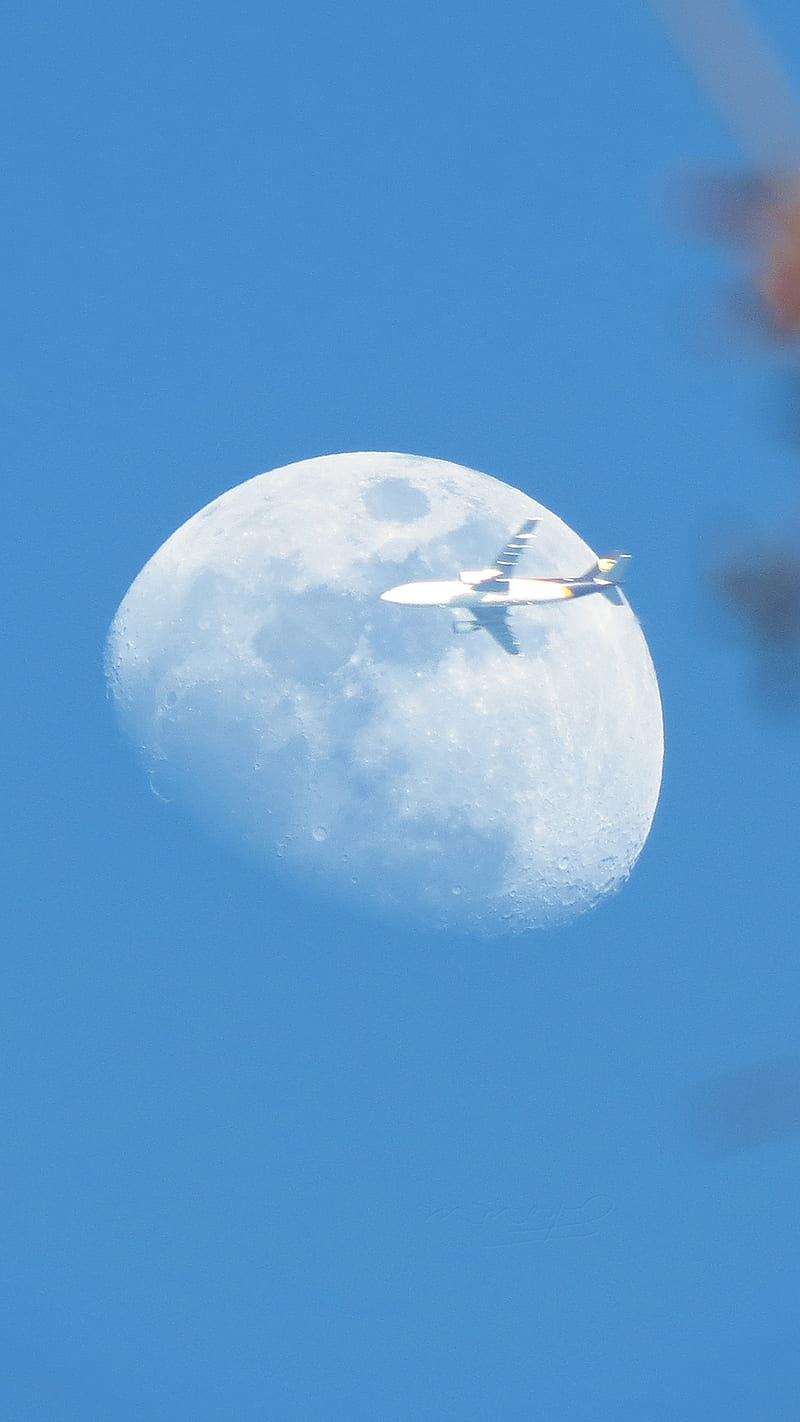 Moon and plane, cuartocreciente, firstquarter, fl, moon, orlandofl, us, HD phone wallpaper