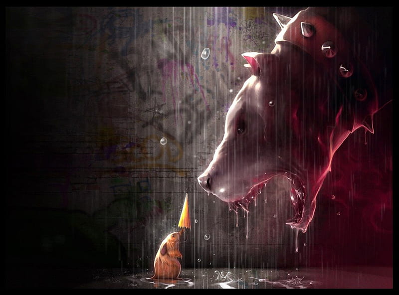 Good Vs Evil, hamster, evil, umbrella, graffiti, abstract, pit bull, mouse, rain, dog, HD wallpaper