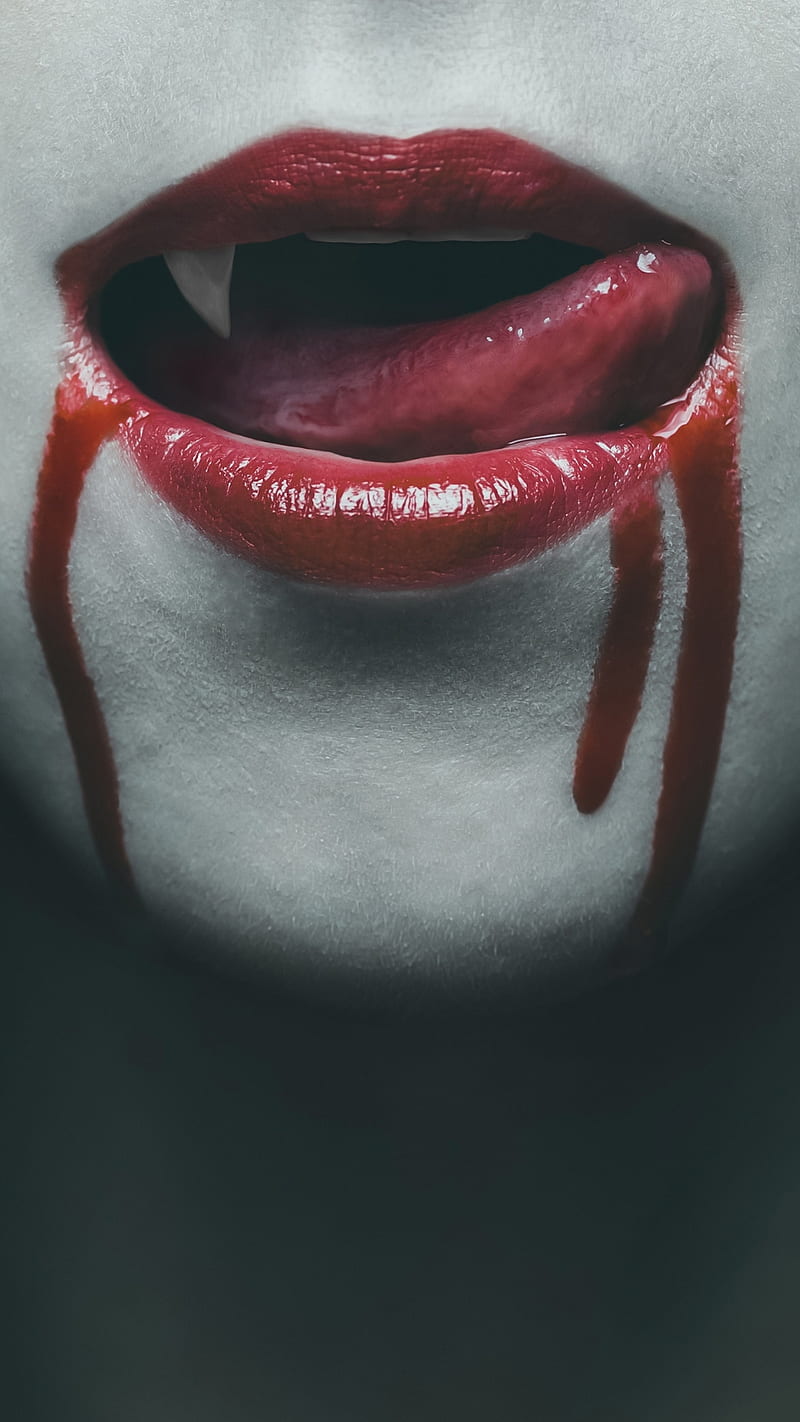 Vampire, blood, female, red, red lips, teeth, thirsty, tongue, HD phone wallpaper