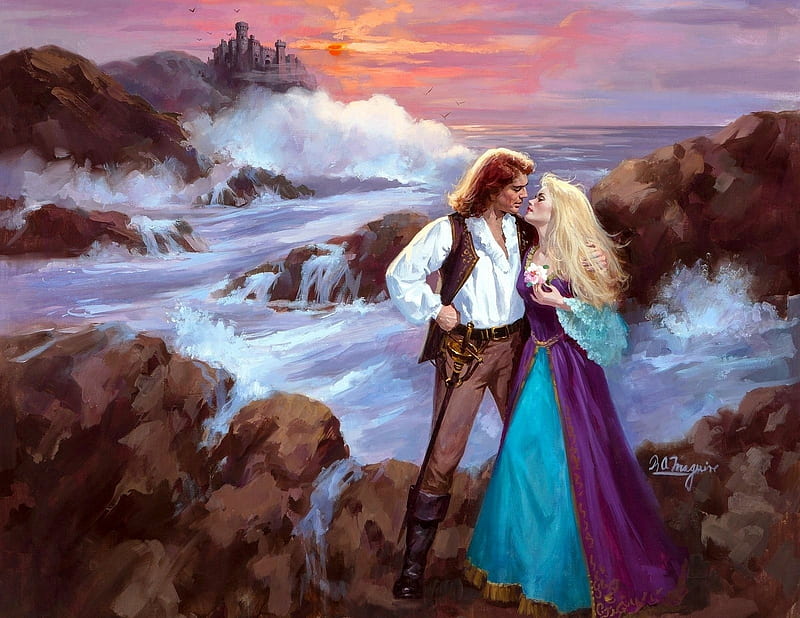 Lovers, girl, man, sea, couple, art, romance, robert maguire, water, painting, pictura, HD wallpaper