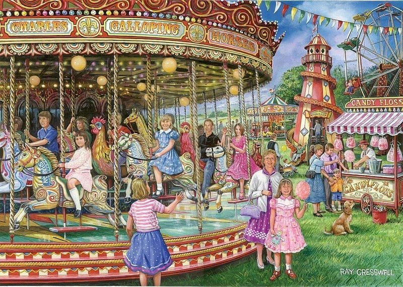 Carousel, art, vara, painting, summer, ray cresswell, children, pictura, HD wallpaper