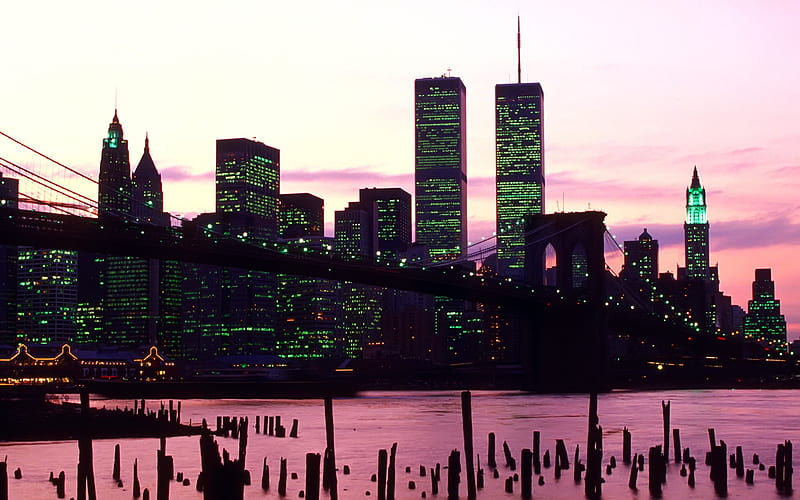 new york silhouette, buildings, newyork, dusk, sunset, sky, skyscrapers, graphy, city, dark, evening, pink, HD wallpaper