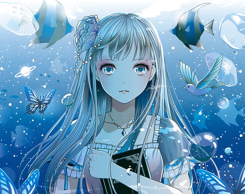 Girl, fish, manga, water, anime, summer, jellyfish, white, blue, HD  wallpaper | Peakpx
