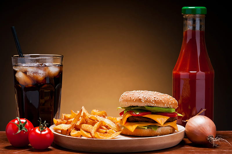 Burger combo, tomatoes, gastronomy, Burgers, potatos, HD wallpaper