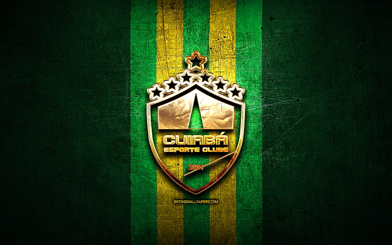 Cuiaba FC, golden logo, Serie B, green metal background, football, EC Cuiaba, brazilian football club, Cuiaba logo, soccer, Brazil, HD wallpaper