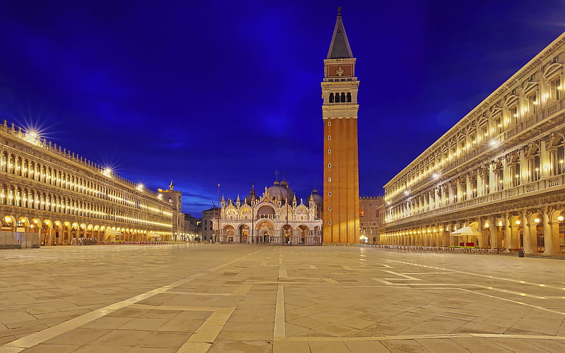 St Marks Cathedral, Venice, Italy, evening, sunset, landmark, bell tower, St Marks Square, Patriarchal Cathedral Basilica of Saint Mark, Gothic architecture, HD wallpaper