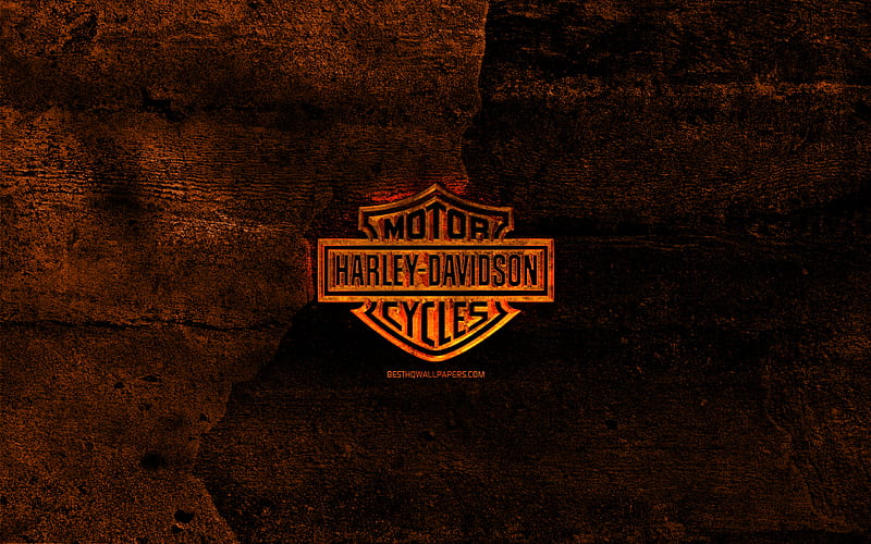 Harley-Davidson fiery logo, orange stone background, Harley-Davidson, creative, Harley-Davidson logo, brands, HD wallpaper