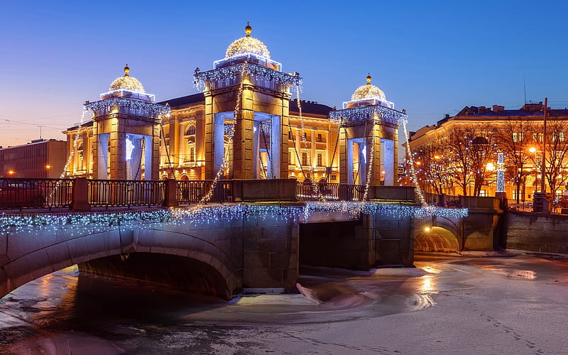 Lomonosov Bridge, Saint Petersburg, winter, evening, Russia, Russian Federation, HD wallpaper