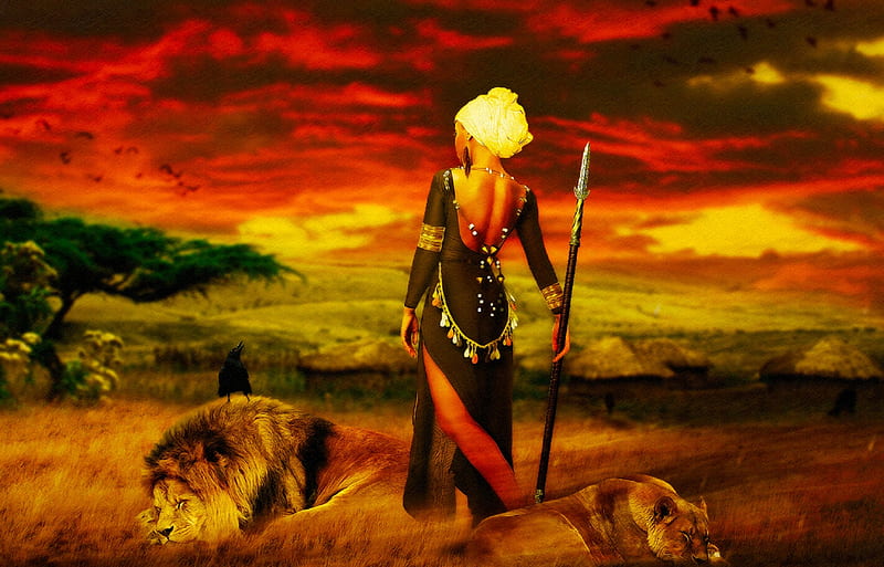 Afrika, art, savanna, bonito, woman, africa, fantasy, warrior, girl, digital, scenery, animals, hunter, HD wallpaper