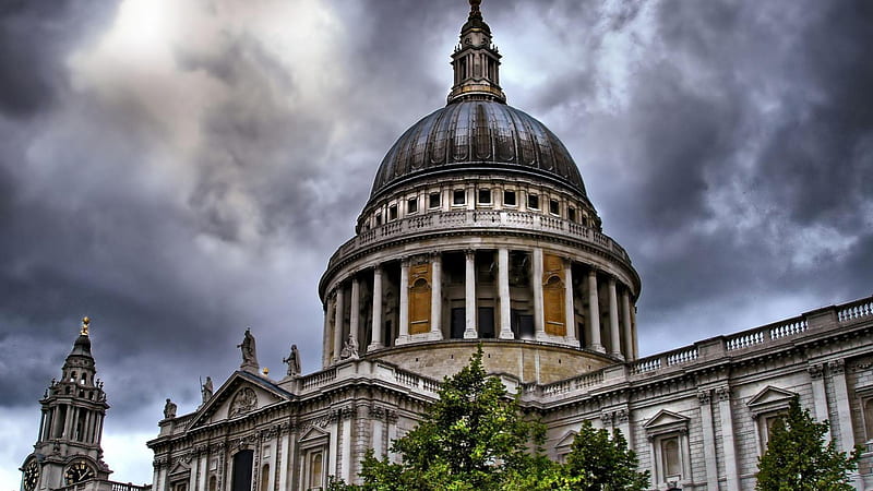 st. pauls cathedral in london r, cathedral, tree, dome, r, clouds, HD wallpaper