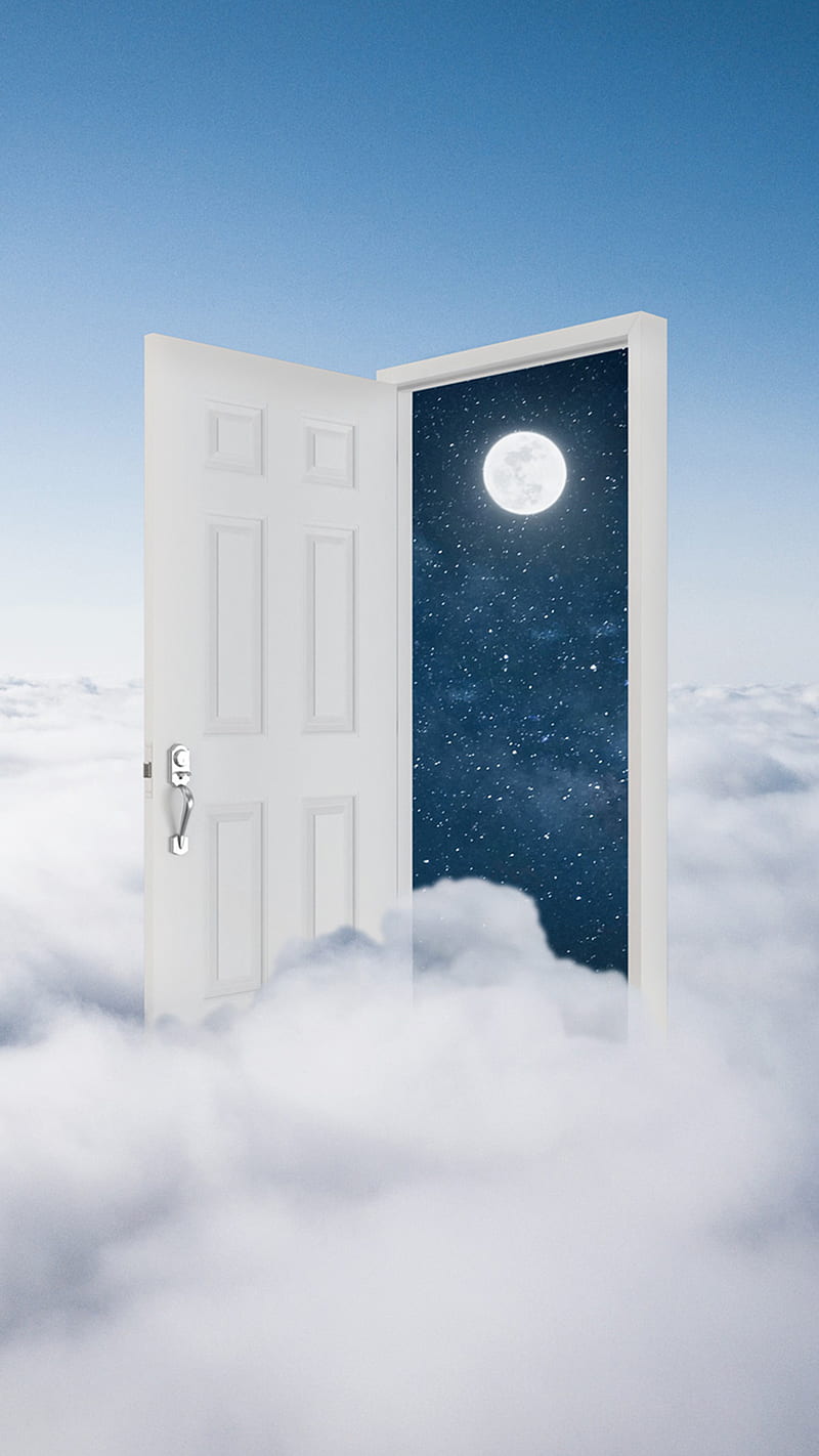 Behind the closed door, behind the closed doors, clouds, doors, moon, sky, HD phone wallpaper