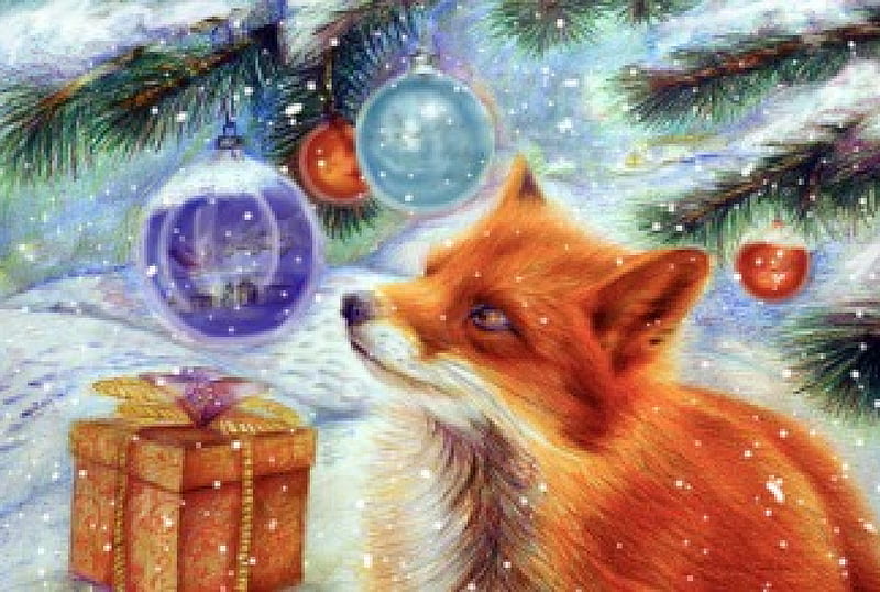 The Fox, fox, drawing, cristmas, animals, winter, HD wallpaper